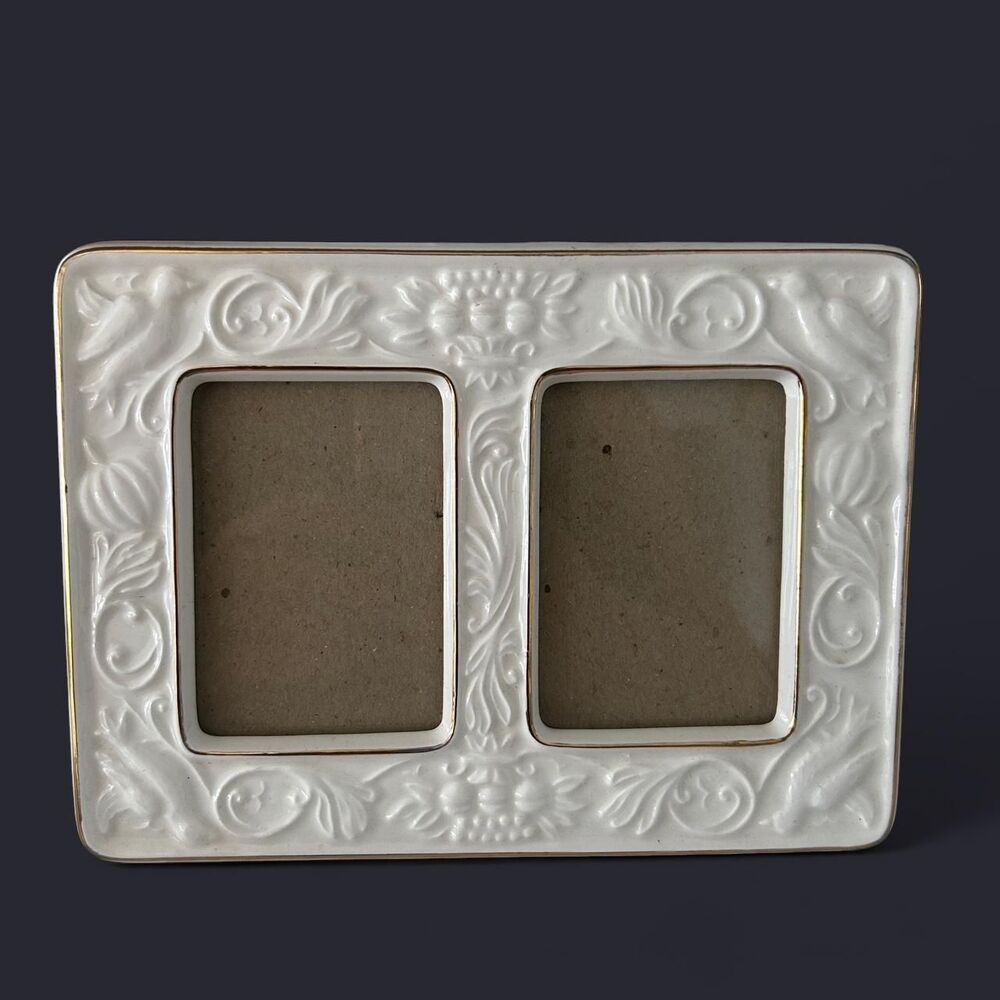 White and Gold Ceramic Ornate Double Photo Frame
